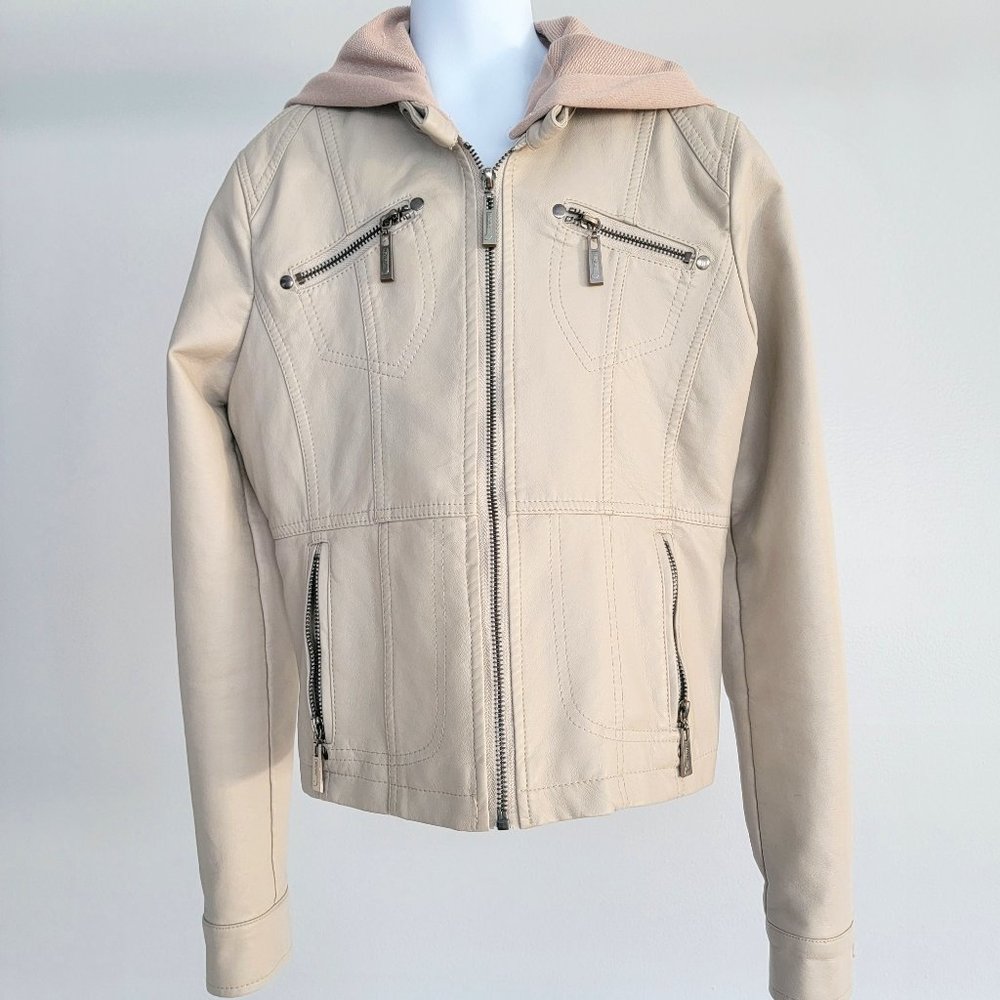 Jou Jou Girls Faux Leather Cream Jacket w/ Removable Hood Size Large (10/12)